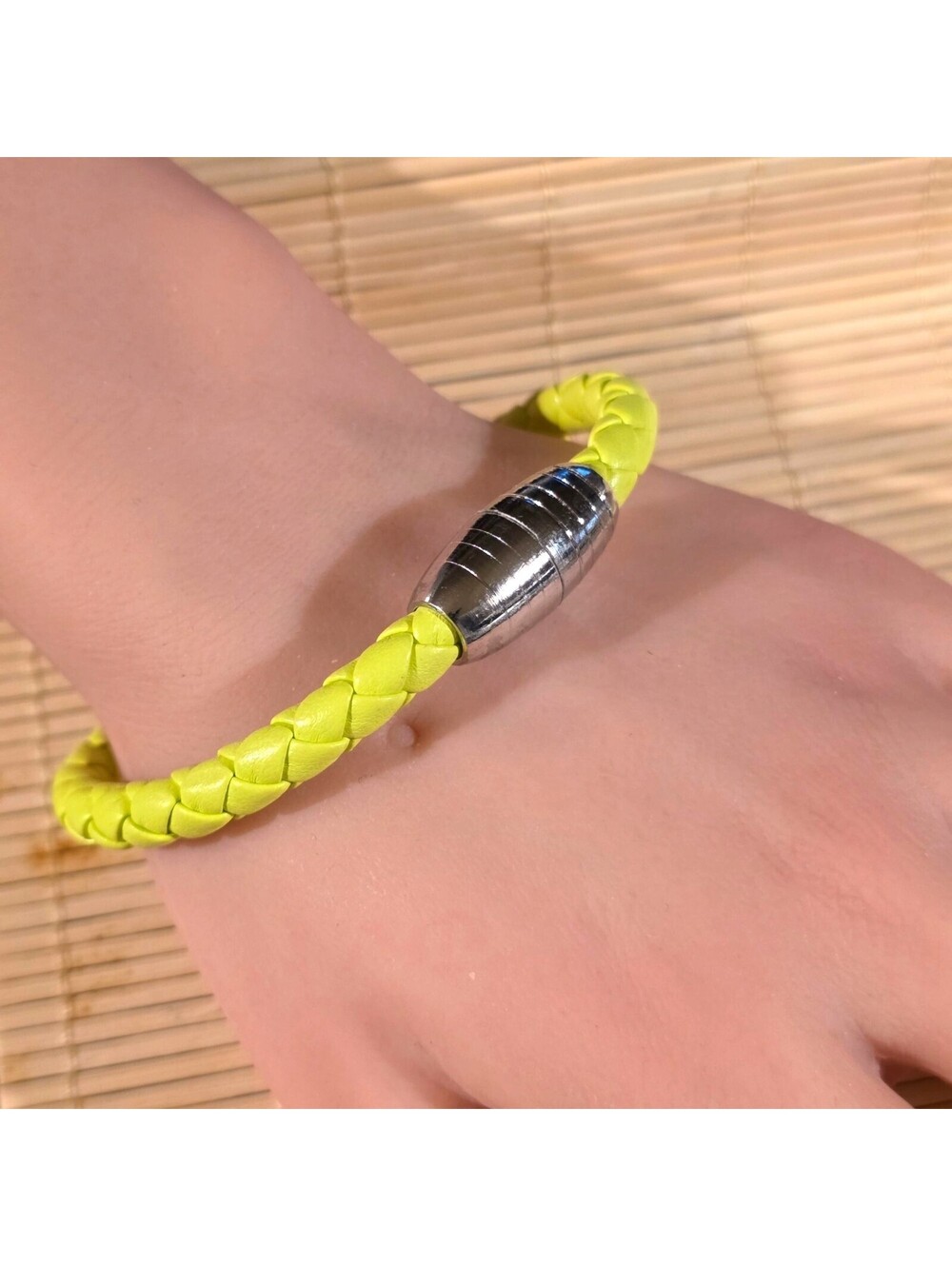 Bright Yellow Braided Thick Vegan Leather Magnetic Clasp Bangle Bracelet